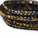 Black and Gold Faceted Beads Brown Leather Wrap Bracelet